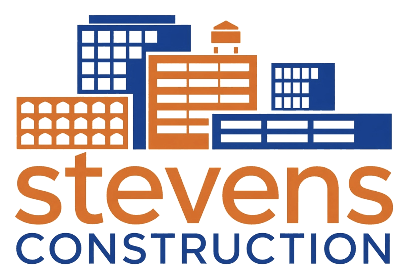 Stevens Construction logo: orange &ldquo;stevens&rdquo; wordmark, blue &ldquo;CONSTRUCTION&rdquo; lettering, and a blue and orange illustration of commercial buildings